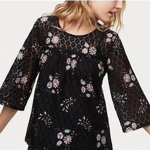 LOFT Stunning Floral Stamped Black Lace Flare Sleeve Top SMALL